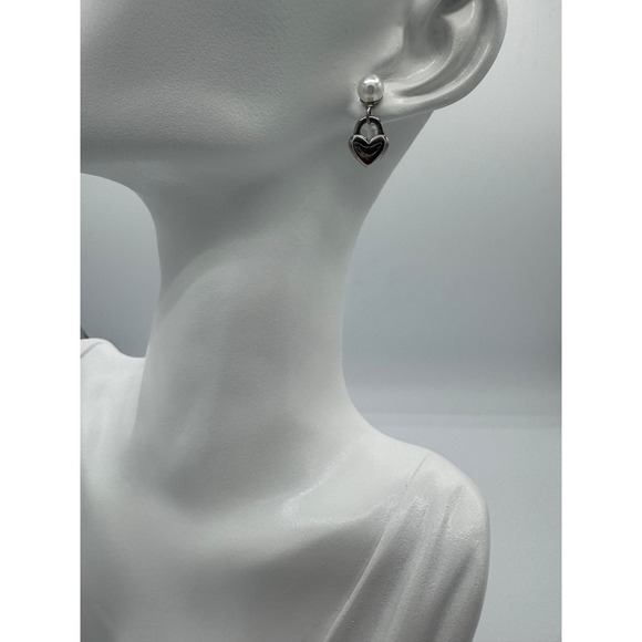 Oshena Heart Lock Pearl Drop Earrings Womens OS Silver White NEW Romantic Dainty - Picture 4 of 5